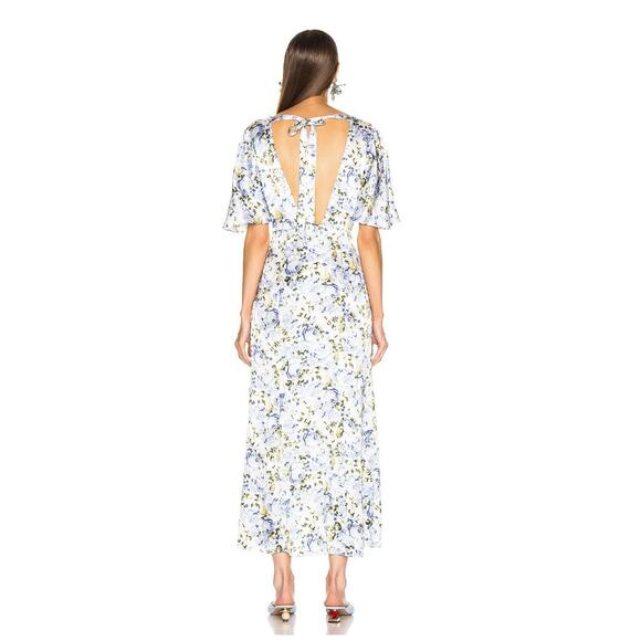 Les Reveries Silk Deep Neck Flutter Sleeve Midi Maxi Dress | Blue Floral | SZ 4 - Picture 2 of 11